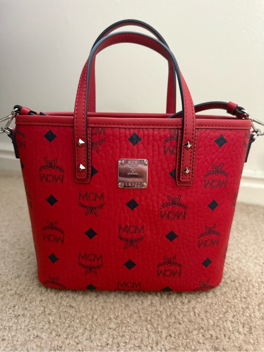 MCM Red Visetos Mini Tote with Black Logo Print